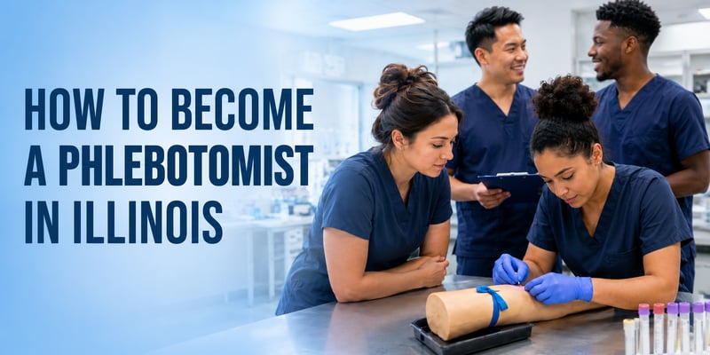 A student practices a blood draw on a training arm as classmates watch in a lab, with the text How to Become a Phlebotomist in Illinois.