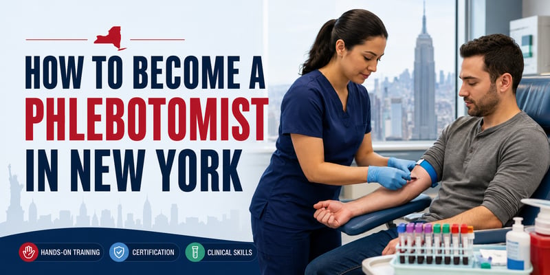 By a window framing the Empire State Building, a female phlebotomist in navy scrubs and blue gloves draws blood from a seated man's arm, with the text How to Become a Phlebotomist in New York and labels: Hands-on Training, Certification, and Clinical Skills.