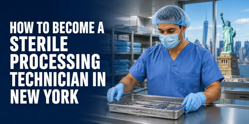 A capped, masked tech arranges surgical instruments in a tray, the Statue of Liberty through the window behind him, with the text How to Become a Sterile Processing Technician in New York.