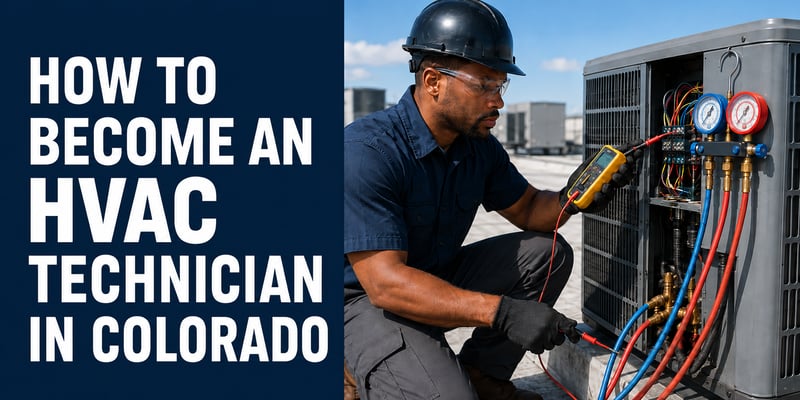 A tech in a hard hat tests a rooftop AC unit with a multimeter and gauges, with the text How to Become an HVAC Technician in Colorado.