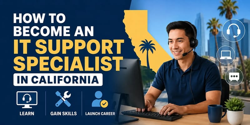 IT support specialist working at a computer with California-themed graphics and career pathway icons.