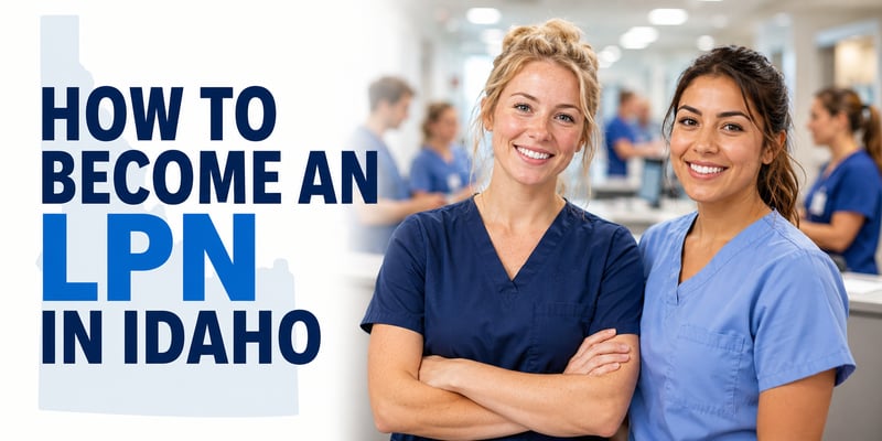 Shoulder to shoulder in a busy hospital corridor, two women in navy and light blue scrubs smile at the camera, with the text How to Become an LPN in Idaho over a faint state outline.