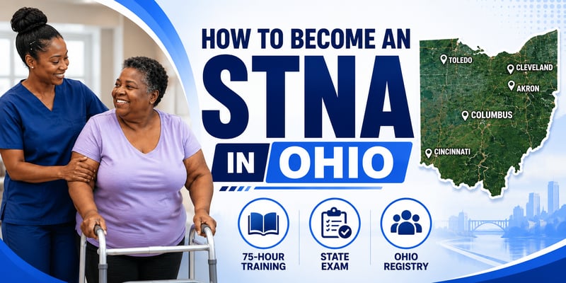 An STNA in scrubs helps a woman using a walker, with the text How to Become an STNA in Ohio, a state map, and icons for 75-Hour Training, State Exam, and Ohio Registry.