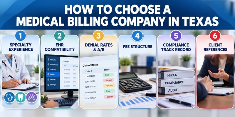 Six numbered cards headed How to Choose a Medical Billing Company in Texas: specialty experience, EHR compatibility, denial rates and A/R, fee structure, compliance track record, and client references.