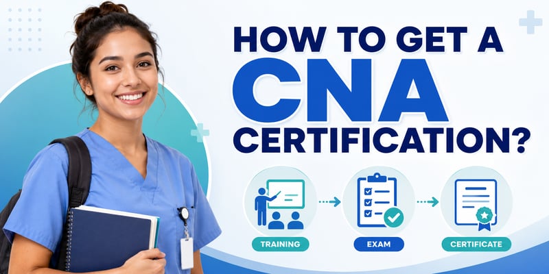 A Training to Exam to Certificate step flow beside a CNA student in scrubs with notebooks and the text How to Get a CNA Certification?.