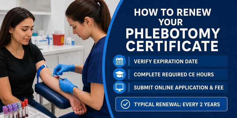 A gloved phlebotomist draws blood from a woman's arm, beside steps: verify expiration, complete CE hours, submit online application, with the text How to Renew Your Phlebotomy Certificate.