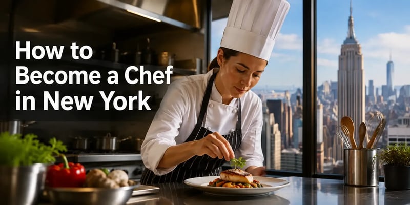 Chef plating a dish in a professional kitchen with the New York City skyline in the background.