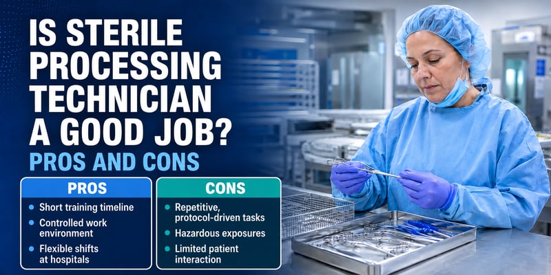 Pros short training, controlled environment, flexible shifts; cons repetitive tasks, hazardous exposures, limited patient contact, with the text Is Sterile Processing Technician a Good Job? Pros and Cons.