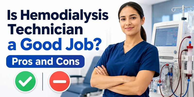 Hemodialysis technician standing beside a dialysis machine with bold text reading “Is Hemodialysis Technician a Good Job? Pros and Cons.