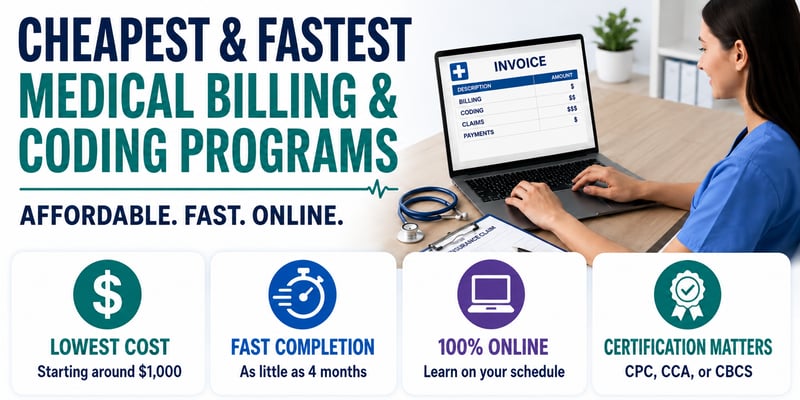 Feature card for low-cost online medical billing and coding programs highlighting tuition, length, format, and certifications; details below.