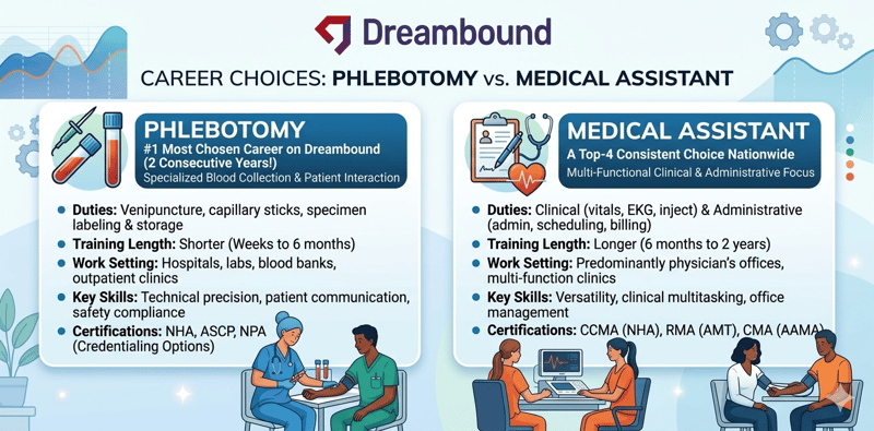 Dreambound career comparison of phlebotomy versus medical assistant showing phlebotomy as a specialized blood collection and patient interaction role with training lasting weeks to six months, and medical assistant as a multi-functional clinical and administrative role with training lasting six months to two years.