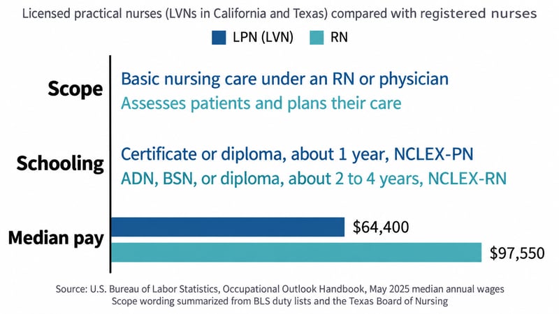 LPN vs RN comparison of scope, education, and median pay