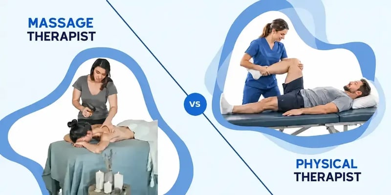 A split comparison headed Massage Therapist vs. Physical Therapist: a massage therapist works on a client's back, while a physical therapist supports a man's bent leg.