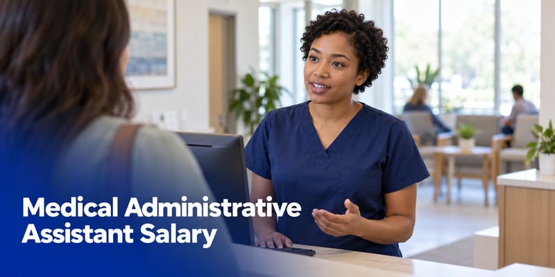 A medical administrative assistant in navy scrubs checks in a patient at the reception counter of an outpatient clinic, with the article title Medical Administrative Assistant Salary across the lower left.
