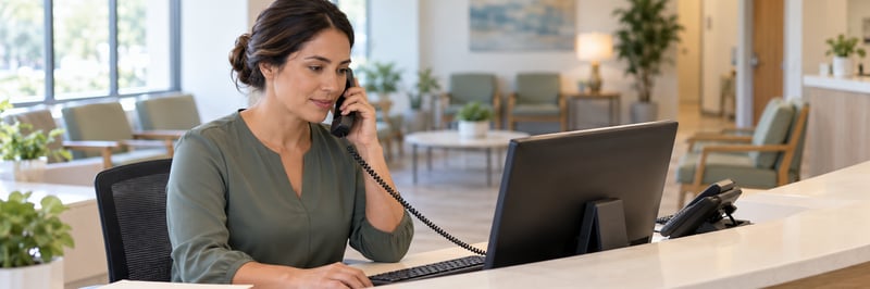 Medical administrative assistant working at a reception desk in an outpatient medical office