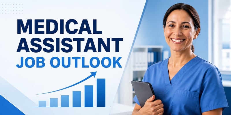 A smiling woman in blue scrubs holds a tablet beside a rising bar chart with an upward arrow, with the text Medical Assistant Job Outlook.