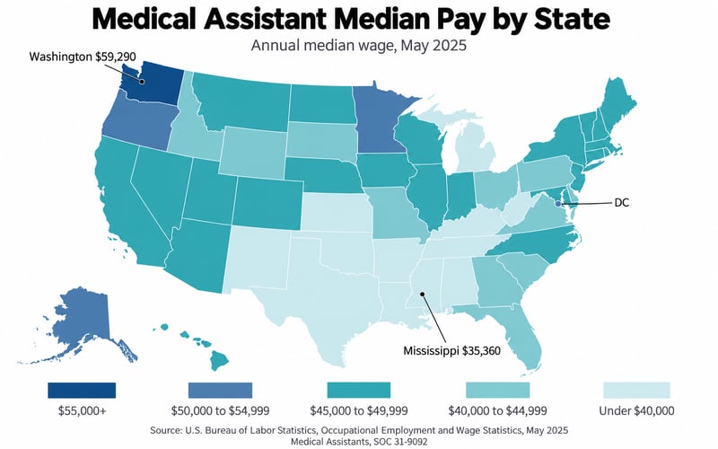 Map of medical assistant median pay by state, BLS May 2025