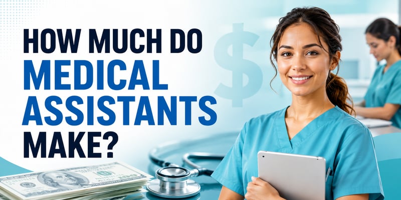 A smiling female medical assistant in teal scrubs holds a tablet, a stack of cash and a stethoscope on the desk, with the text How Much Do Medical Assistants Make?