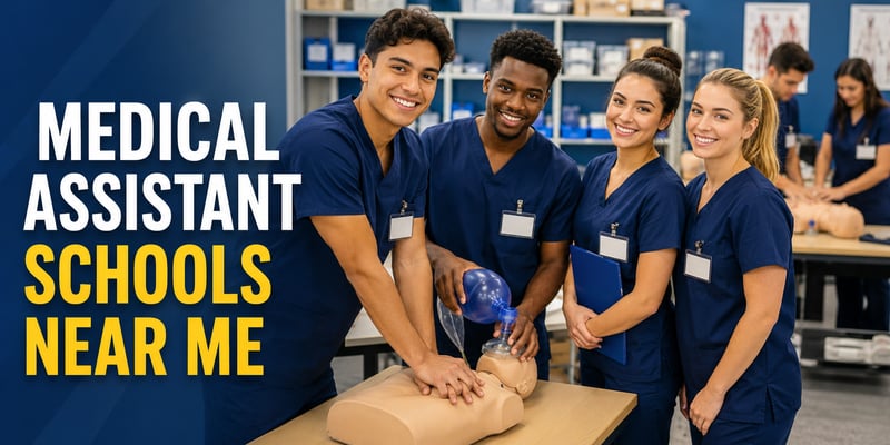 In a classroom lab, four students in navy scrubs practice CPR on a training mannequin, one on chest compressions and another on a bag mask, with the text Medical Assistant Schools Near Me.