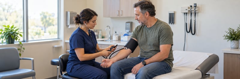 Medical assistant student checking a patient's blood pressure during clinical training