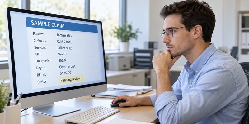 A man studies a monitor showing a sample claim for an office visit: CPT 99213, diagnosis J02.9, a commercial payer, $175.00 billed, and a status of pending review.