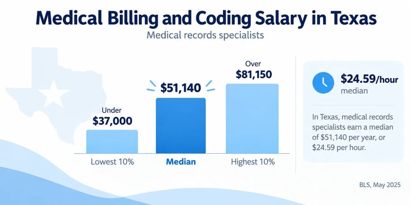 A bar chart headed Medical Billing and Coding Salary in Texas for medical records specialists, from under $37,000 at the lowest 10% to a $51,140 median, or $24.59 an hour, and over $81,150 at the highest 10%, from BLS May 2025.