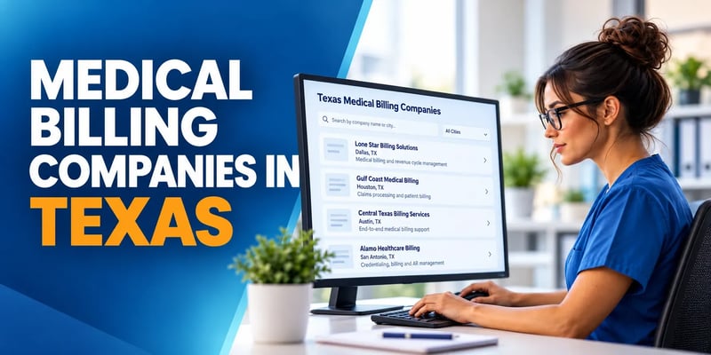 A woman in blue scrubs types at a monitor showing a searchable company directory for Dallas, Houston, Austin, and San Antonio, with the text Medical Billing Companies in Texas.