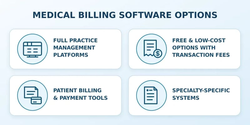 Four cards headed Medical Billing Software Options: full practice management platforms, free and low-cost options with transaction fees, patient billing and payment tools, and specialty-specific systems.