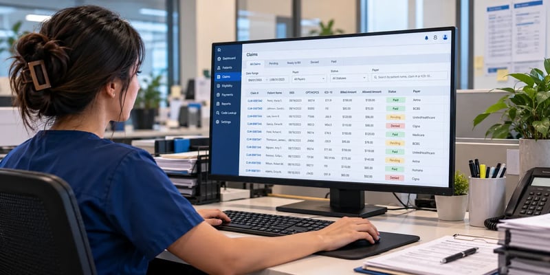 Seen from behind, a woman in navy scrubs works a claims list on screen, each row showing a procedure and diagnosis code, billed and allowed amounts, a payer, and a status of paid, pending, or denied.