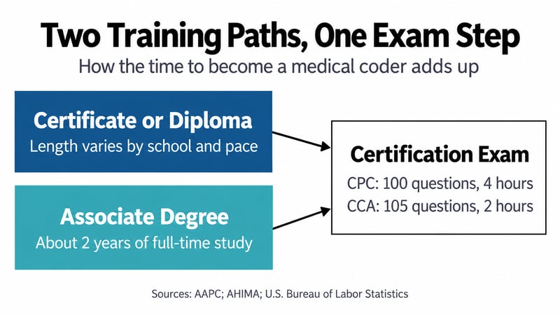 Diagram showing two medical coding training paths, a certificate or diploma with length varying by school and an associate degree of about two years, both leading to a certification exam: CPC with 100 questions in 4 hours or CCA with 105 questions in 2 hours.