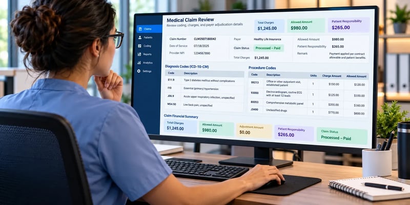 Seen from behind, a woman in blue scrubs reviews a claim on screen: four diagnosis codes, four procedure codes, $1,245.00 in charges, $980.00 allowed, $265.00 patient responsibility, and a status of processed and paid.