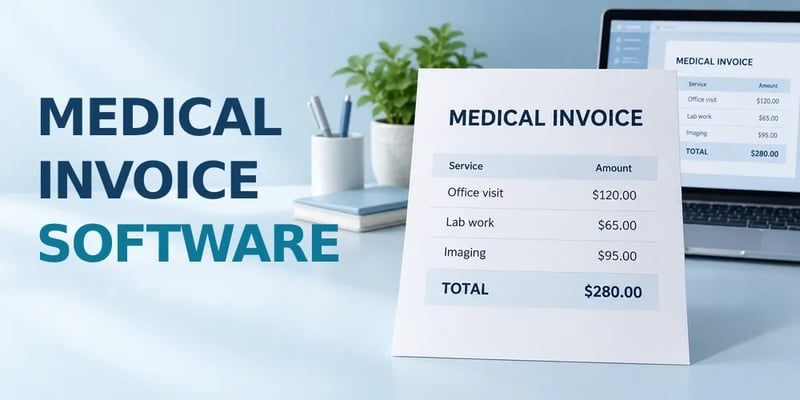 A printed invoice stands on a desk listing an office visit at $120.00, lab work at $65.00, and imaging at $95.00 for a $280.00 total, the same invoice on a laptop behind it, with the text Medical Invoice Software.