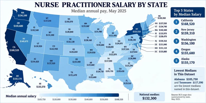 A U.S. map of May 2025 nurse practitioner median salaries by state, led by California at $168,520, New Jersey at $159,310, and Washington at $156,100, with a national median of $132,300.