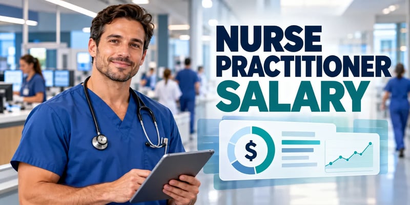 A nurse practitioner in blue scrubs holds a tablet in a hospital beside salary charts, with the text Nurse Practitioner Salary.