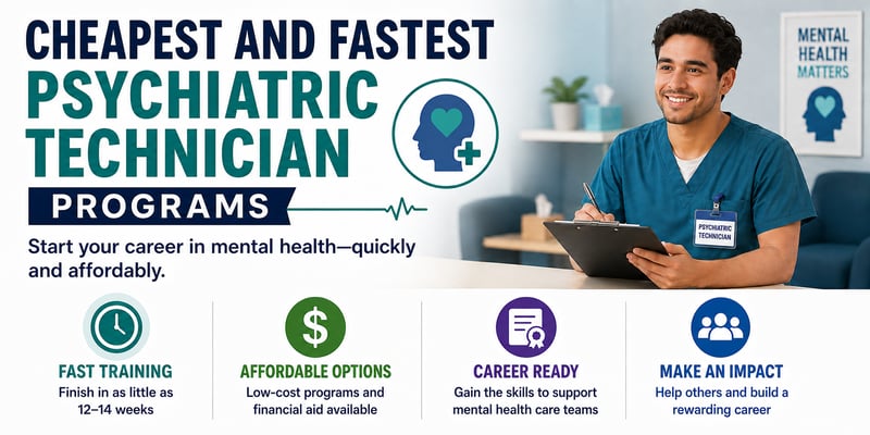 Benefits snapshot of cheapest and fastest psychiatric technician programs covering training length, cost, skills, and career impact.