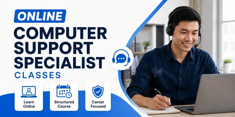 Student wearing a headset studying on a laptop beside bold text reading “Online Computer Support Specialist Classes,” with icons for online learning, structured coursework, and career focus.