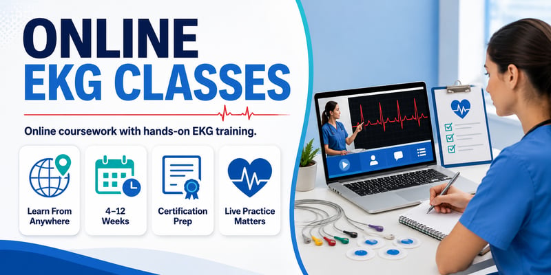 Overview of online EKG classes covering remote access, training length, certification prep, and hands-on practice.