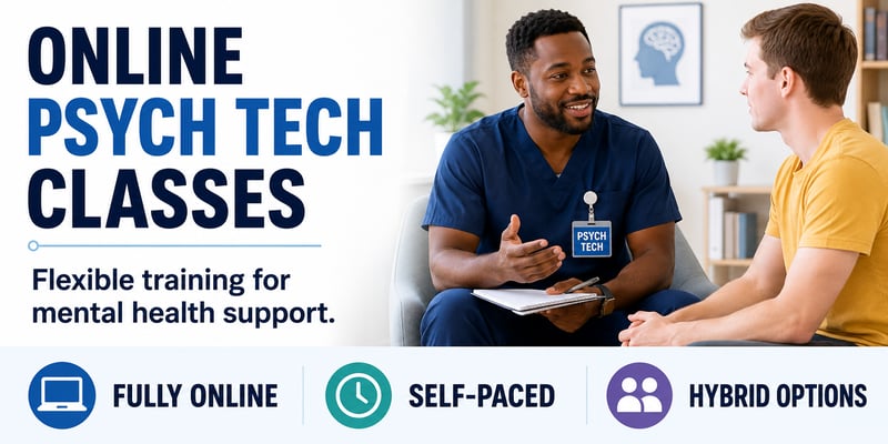 Overview of online psychiatric technician classes showing three format options: fully online, self-paced, and hybrid.