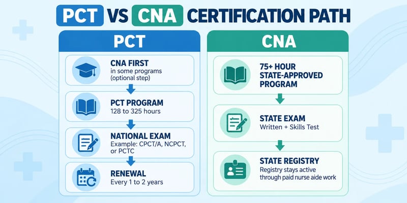 A PCT vs. CNA certification path graphic comparing PCT training and national certification options with CNA state-approved training, state exams, and registry requirements.