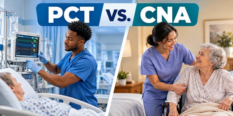 A split comparison showing a patient care technician monitoring a hospital patient and a certified nursing assistant helping an older adult, with the text PCT vs. CNA.