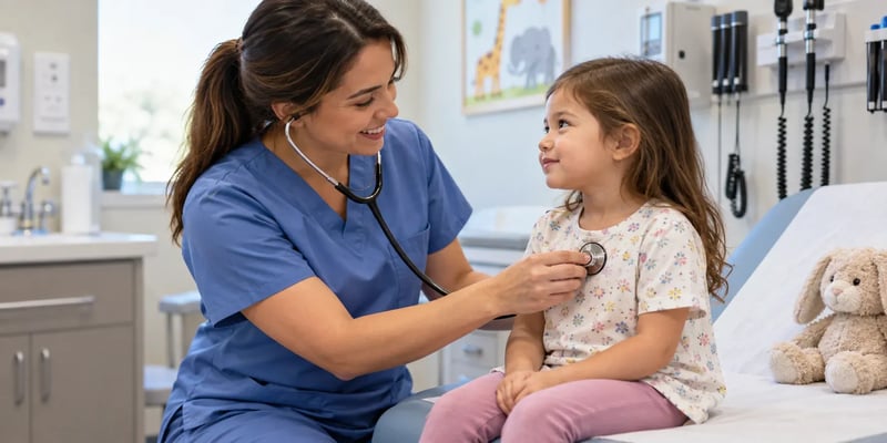 A pediatric nurse listens to a young child’s chest with a stethoscope during an exam in a pediatric clinic.