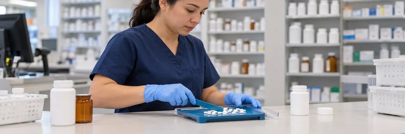 Pharmacy technician trainee filling a prescription behind a pharmacy counter