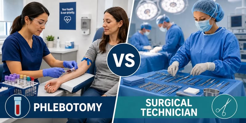 Split-screen comparison of a phlebotomist drawing blood from a seated patient and a surgical technician organizing sterile instruments in an operating room, with a central “VS” graphic.