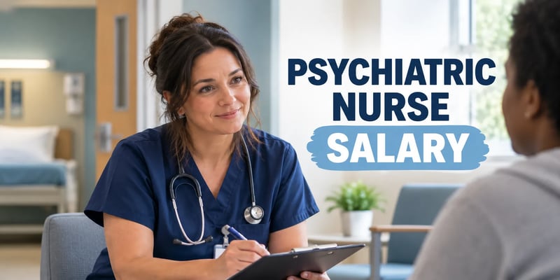 A psychiatric nurse in navy scrubs sits with a patient in a behavioral health setting, holding a clipboard, with the text Psychiatric Nurse Salary.