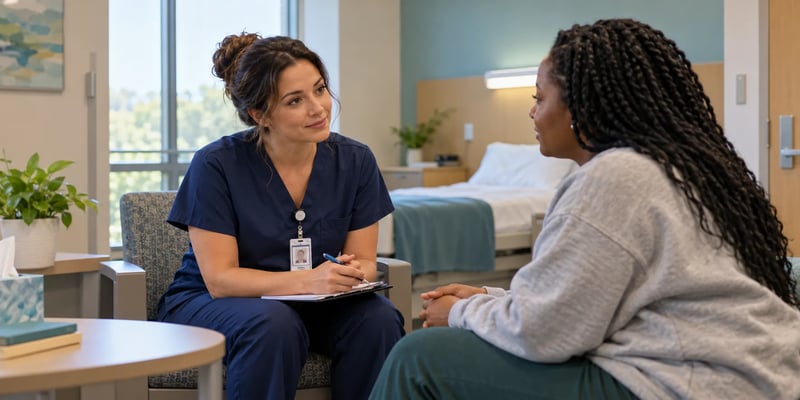 A psychiatric nurse in navy scrubs sits and talks with a patient in a calm hospital room, taking notes on a clipboard.