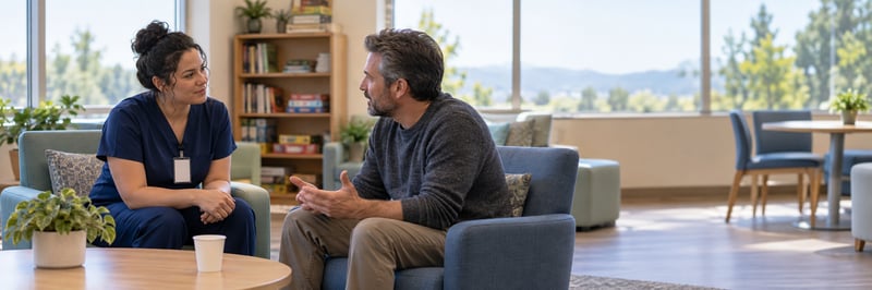 Psychiatric technician talking with a patient in a behavioral health unit