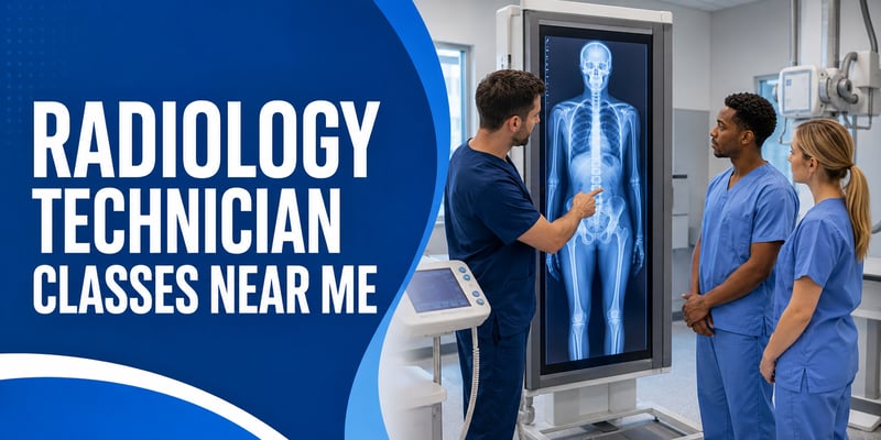 An instructor points at a full-body X-ray on a large screen while two radiology technician students in scrubs watch, with the text Radiology Technician Classes Near Me.