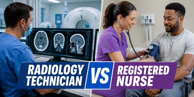 On one side a masked radiology tech reviews brain CT scans, on the other a nurse checks a patient's blood pressure, headlined Radiology Technician vs Registered Nurse.