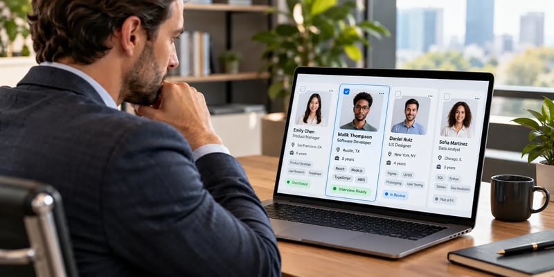 A recruiter reviews candidate profiles on a laptop, highlighting a software developer with React, Node.js, TypeScript, and AWS skills as interview ready.