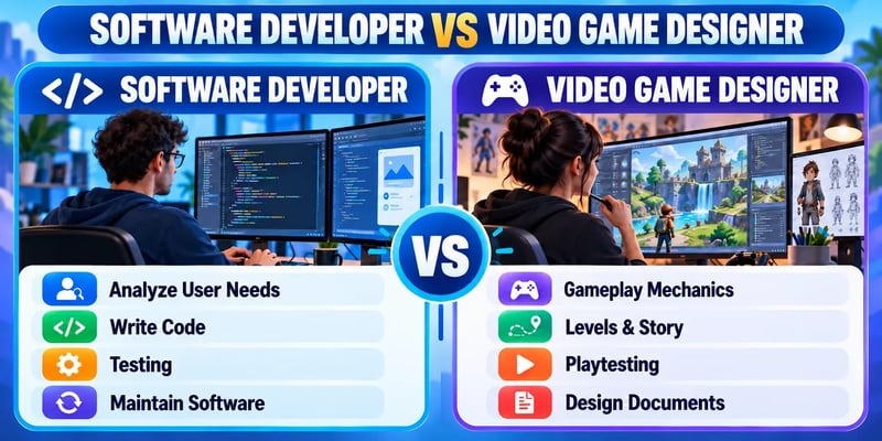 A split comparison headed Software Developer vs Video Game Designer: the developer analyzes user needs, writes code, tests, and maintains software, while the designer handles gameplay mechanics, levels and story, playtesting, and design documents.